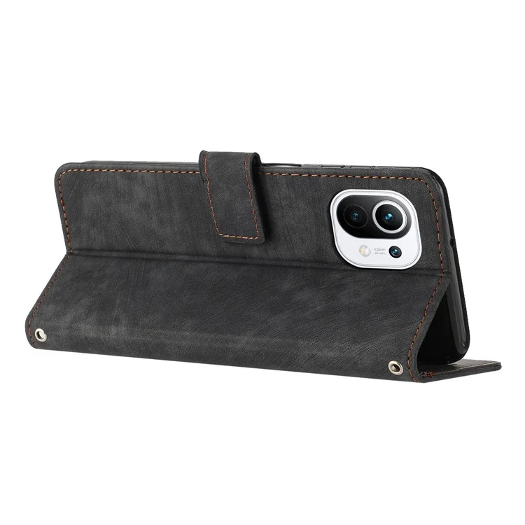 Pour Xiaomi 11 Lite 5G NE / Mi 11 Lite 4G / 5G Coque portefeuille en cuir antichoc avec lignes imprimées, support pliable - Noir