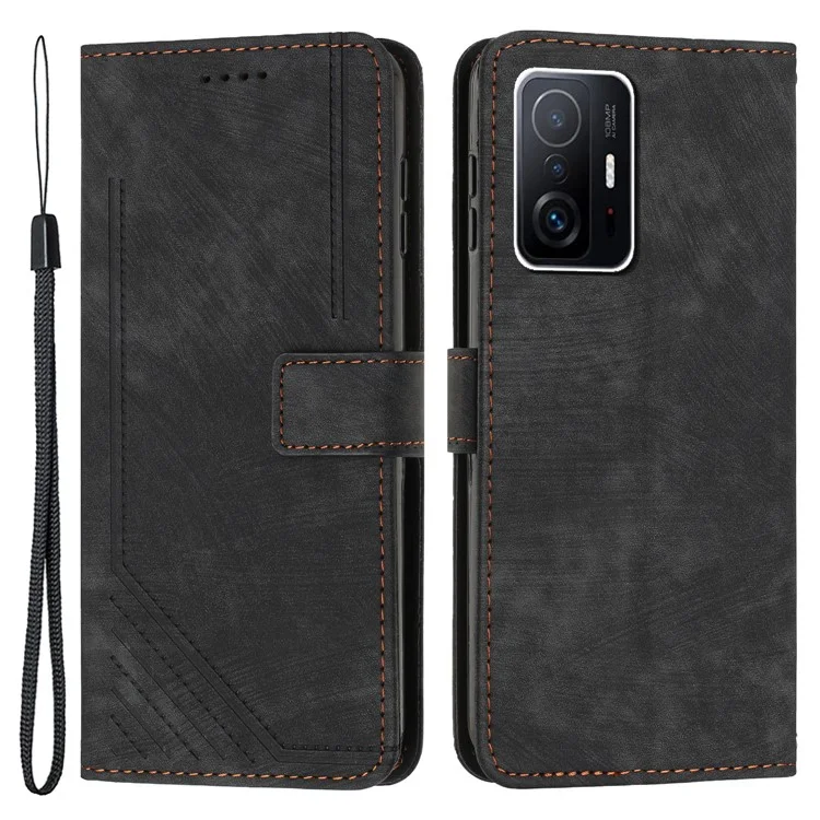 Pour Xiaomi 11T Pro 5G / 11T 5G Étui portefeuille en cuir au toucher de la peau Protection complète Coque Lignes Impression Stand Flip Étui de téléphone - Noir