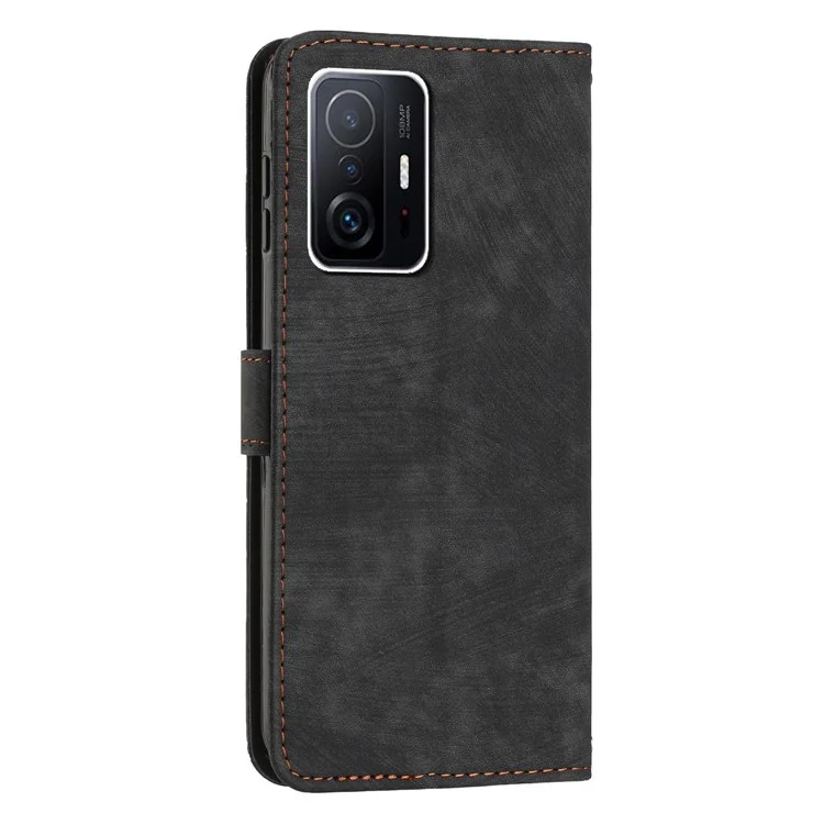 Pour Xiaomi 11T Pro 5G / 11T 5G Étui portefeuille en cuir au toucher de la peau Protection complète Coque Lignes Impression Stand Flip Étui de téléphone - Noir