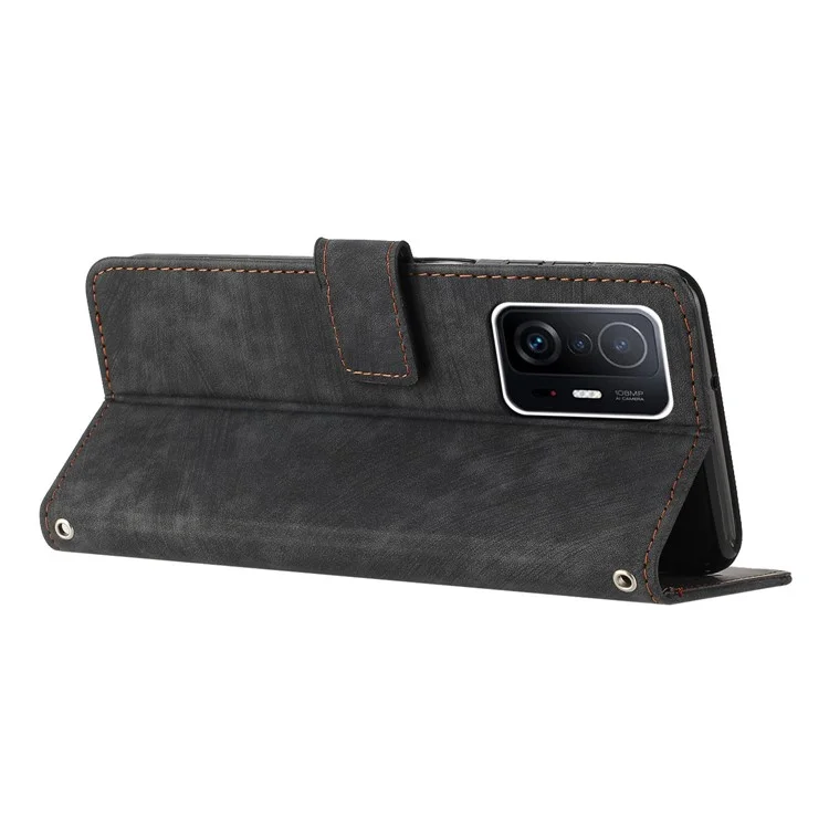 Pour Xiaomi 11T Pro 5G / 11T 5G Étui portefeuille en cuir au toucher de la peau Protection complète Coque Lignes Impression Stand Flip Étui de téléphone - Noir