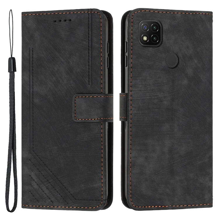 Pour Xiaomi Poco C31 / Redmi 10A / 9C / 9C NFC Lignes Impriment Étui de Téléphone en Cuir Portefeuille Support Anti-chute - Noir