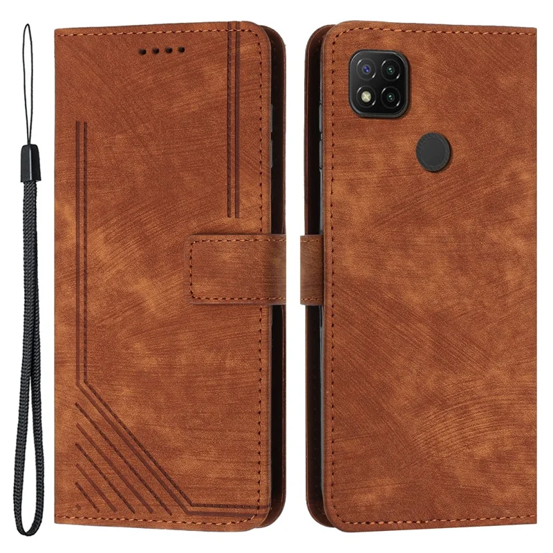 Pour Xiaomi Poco C31 / Redmi 10A / 9C / 9C NFC Lignes Empreinte Étui Portefeuille en Cuir avec Support Anti-chute - Marron