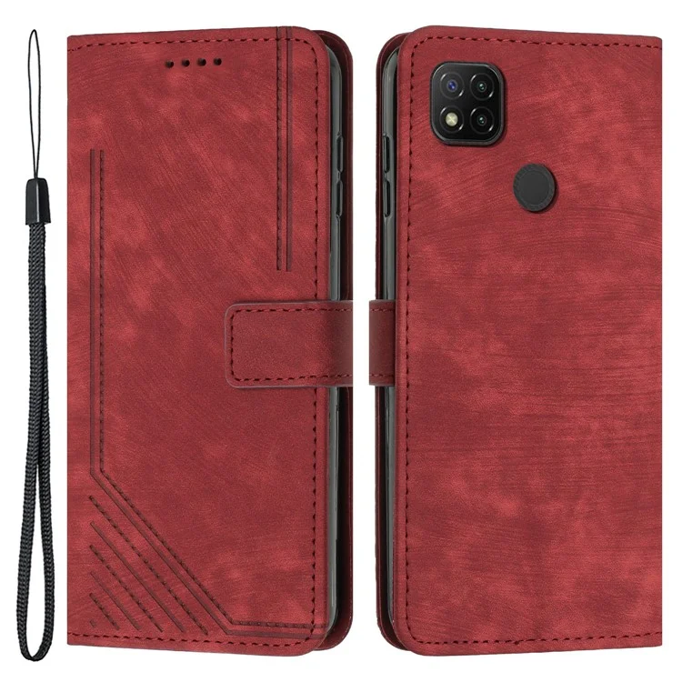 Чехол-бумажник для Xiaomi Poco C31 / Redmi 10A / 9C / 9C NFC с линейным тиснением, кожаный, с подставкой, противоударный - красный
