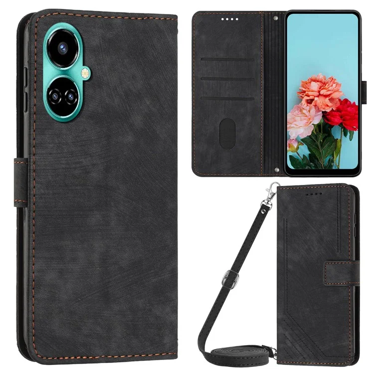 PU Leather Folio Flip Case for TECNO Camon 19 4G / 19 Pro 4G / 5G, Linhas Impressas Carteira Stand Capa de Telefone - Preto