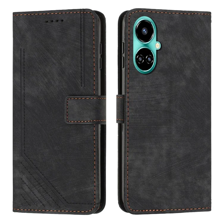 PU Leather Folio Flip Case for TECNO Camon 19 4G / 19 Pro 4G / 5G, Linhas Impressas Carteira Stand Capa de Telefone - Preto