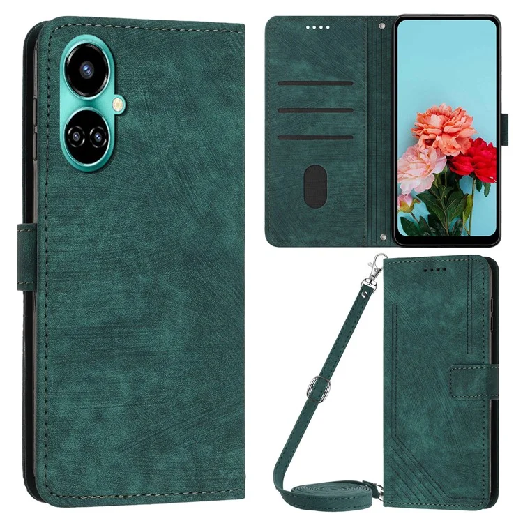 PU Leather Folio Flip Case for TECNO Camon 19 4G / 19 Pro 4G / 5G , Lines Imprinted Stand Wallet Phone Cover - Green