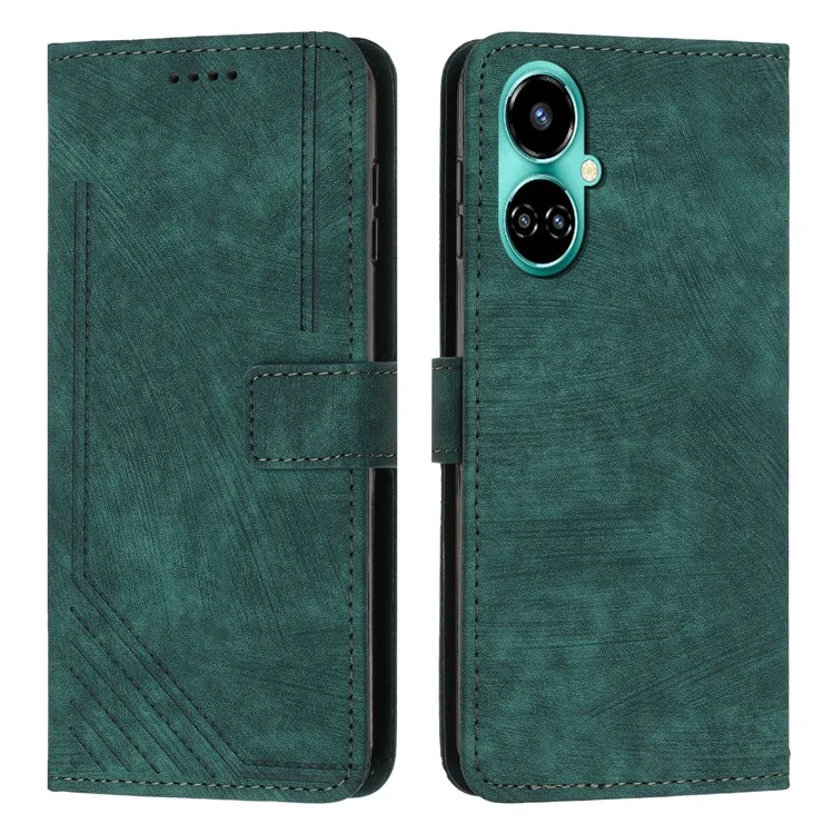 PU Leather Folio Flip Case for TECNO Camon 19 4G / 19 Pro 4G / 5G , Lines Imprinted Stand Wallet Phone Cover - Green