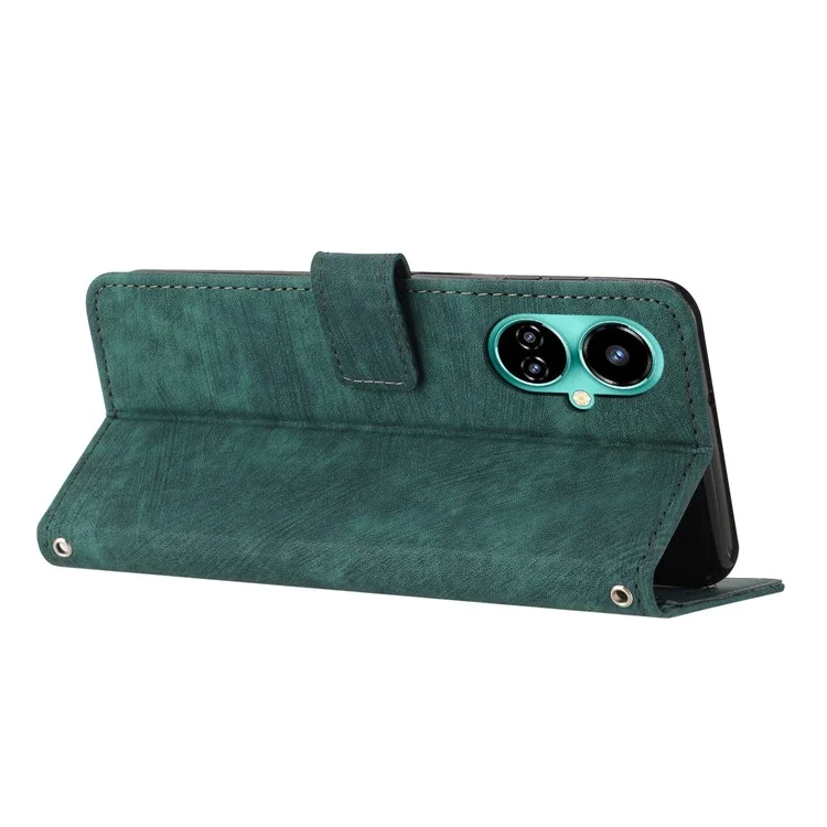 PU Leather Folio Flip Case for TECNO Camon 19 4G / 19 Pro 4G / 5G , Lines Imprinted Stand Wallet Phone Cover - Green