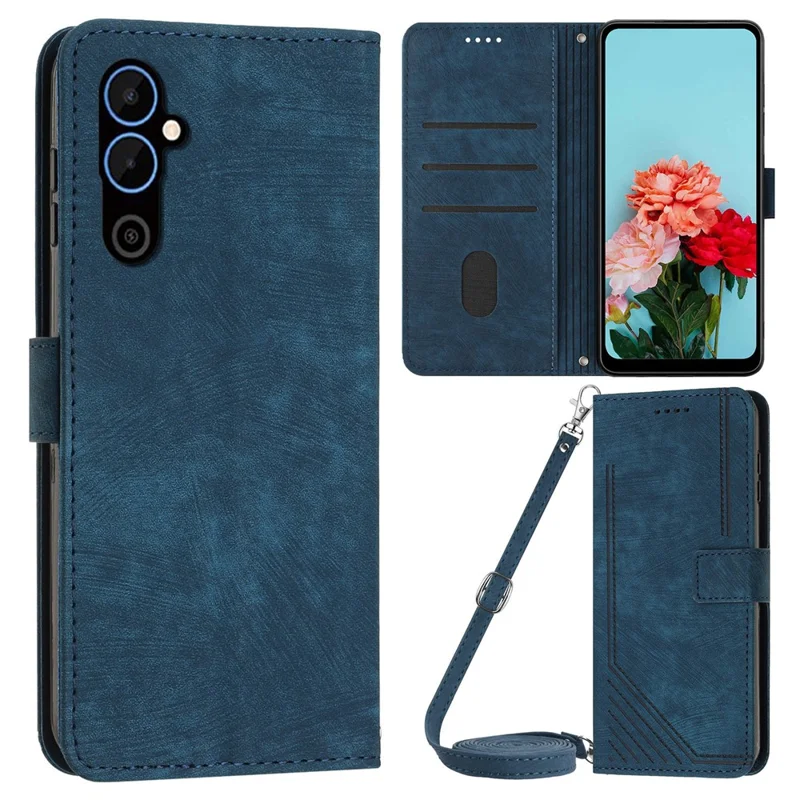 For TECNO Pova 4 4G PU Leather Flip Cell Phone Case Lines Imprinted Stand Wallet Skin-Touch Protective Cover - Sapphire