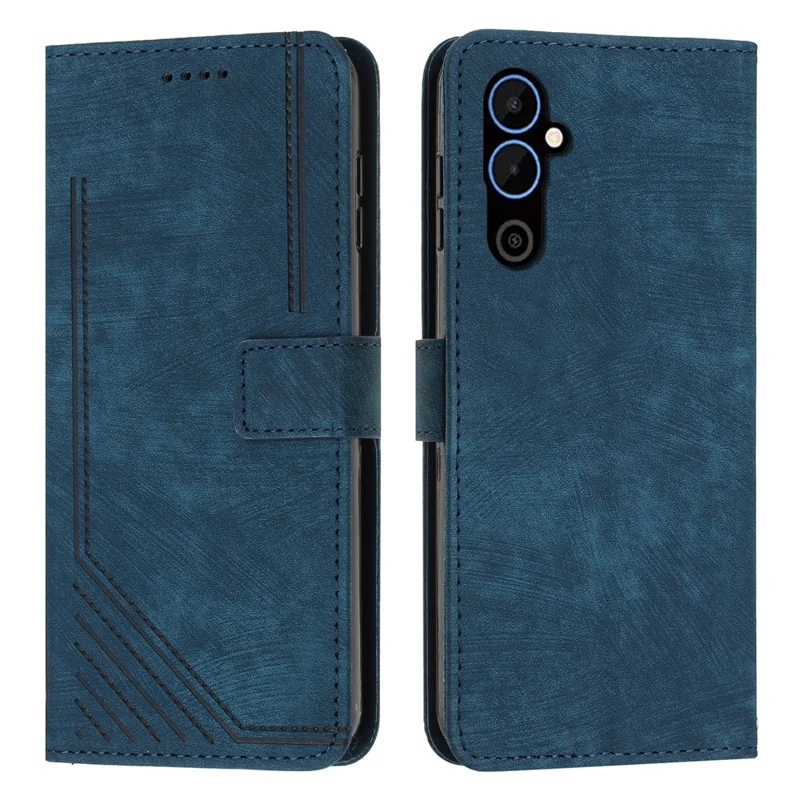 For TECNO Pova 4 4G PU Leather Flip Cell Phone Case Lines Imprinted Stand Wallet Skin-Touch Protective Cover - Sapphire