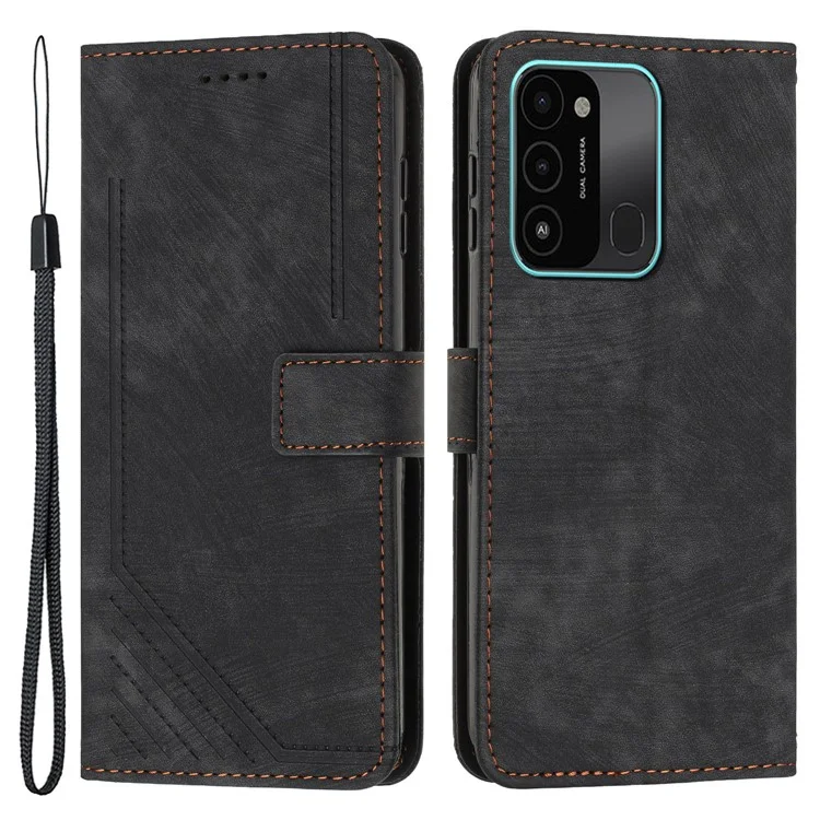 Для TECNO Spark Go 2022 / 8C 4G Skin-Touch Wallet Flip Cover Lines Imprinted Stand Phone Leather Case - Black