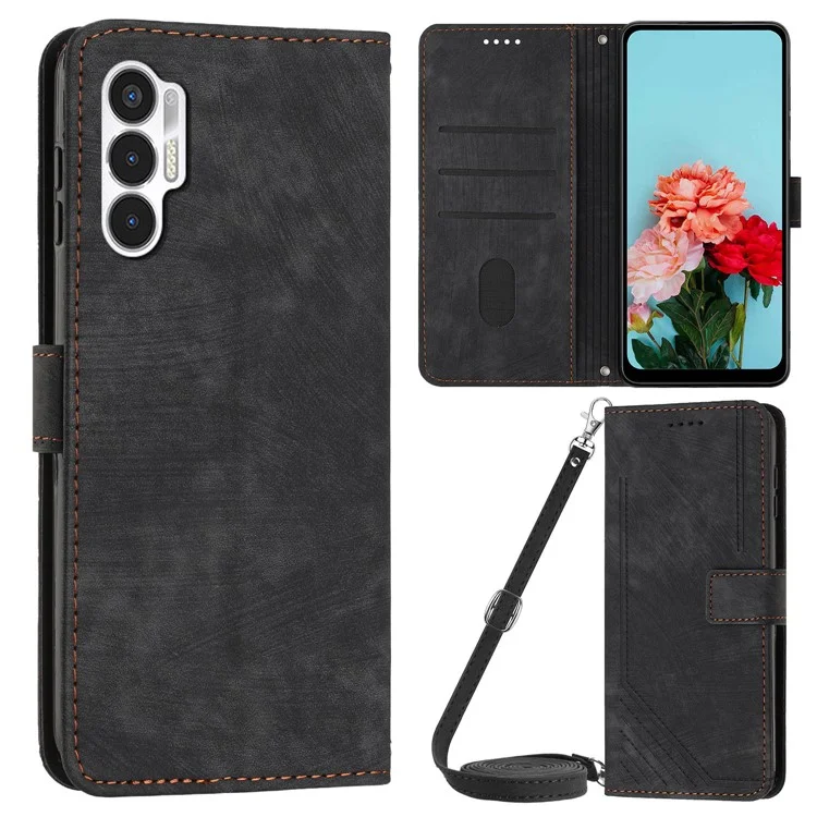 Para TECNO Pova 3 4G Flip PU Leather Phone Case Wallet Lines Imprinted Stand Protective Cover - Preto