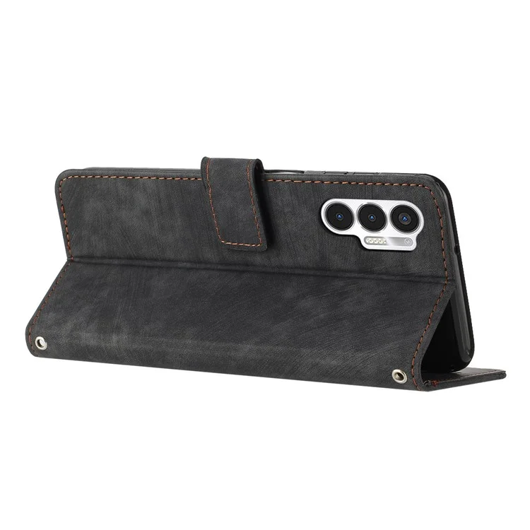 Para TECNO Pova 3 4G Flip PU Leather Phone Case Wallet Lines Imprinted Stand Protective Cover - Preto