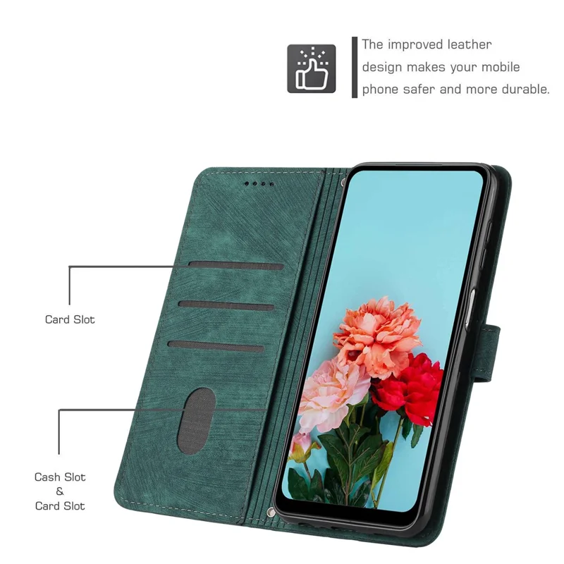 For TECNO Pova 3 4G Flip PU Leather Phone Case Wallet Lines Imprinted Stand Protective Cover - Green