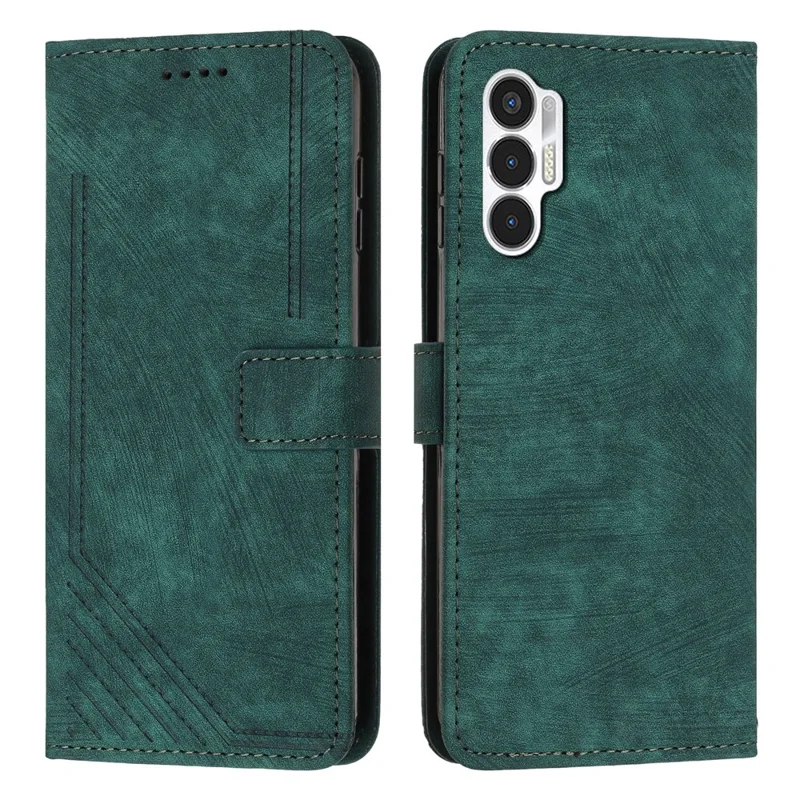 For TECNO Pova 3 4G Flip PU Leather Phone Case Wallet Lines Imprinted Stand Protective Cover - Green