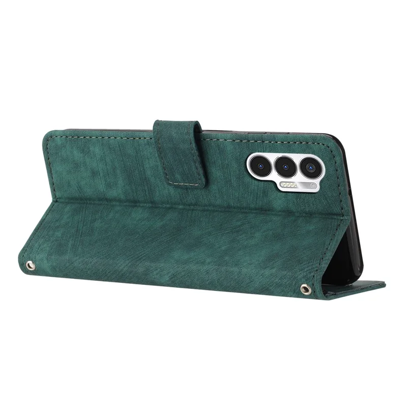 For TECNO Pova 3 4G Flip PU Leather Phone Case Wallet Lines Imprinted Stand Protective Cover - Green