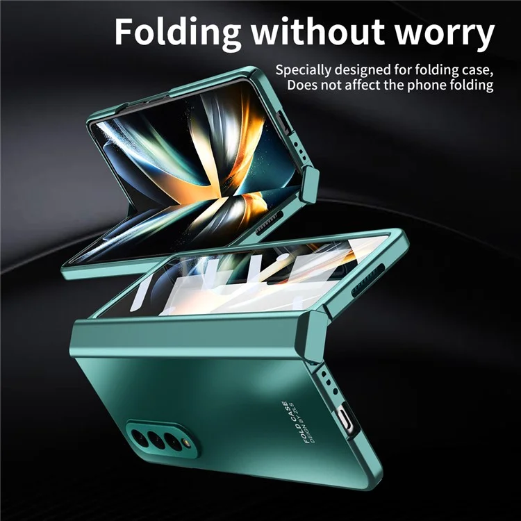 For Samsung Galaxy Z Fold3 5G Hinge Protection Slim Case Hard PC Protective Phone Cover with Built-in Screen Protector - Green
