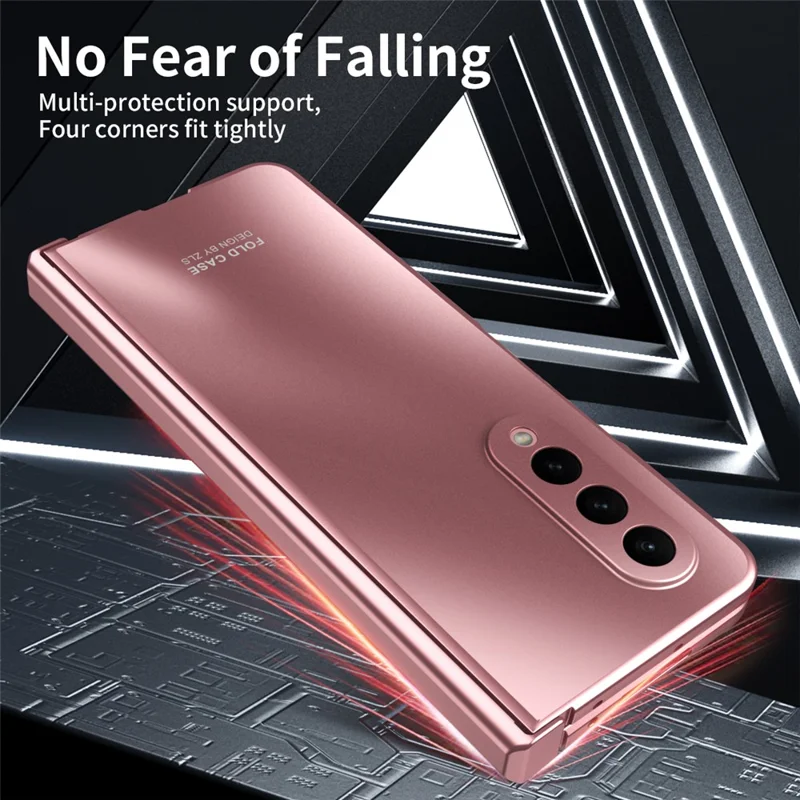 For Samsung Galaxy Z Fold3 5G Hinge Protection Slim Case Hard PC Protective Phone Cover with Built-in Screen Protector - Rose Gold