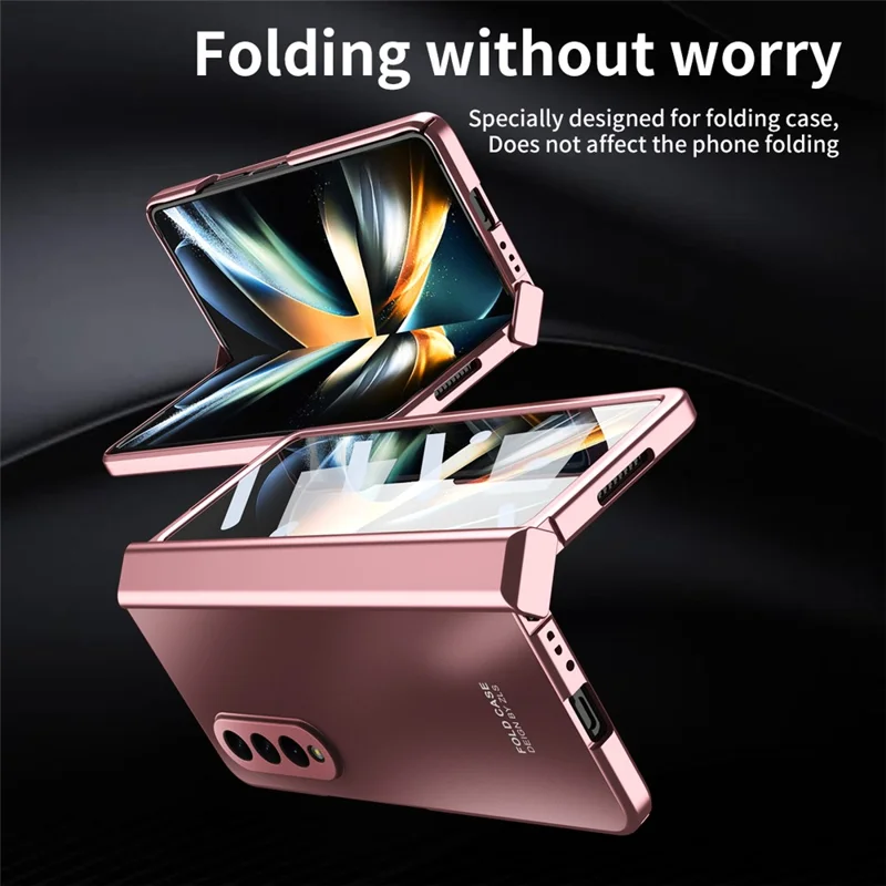 For Samsung Galaxy Z Fold3 5G Hinge Protection Slim Case Hard PC Protective Phone Cover with Built-in Screen Protector - Rose Gold