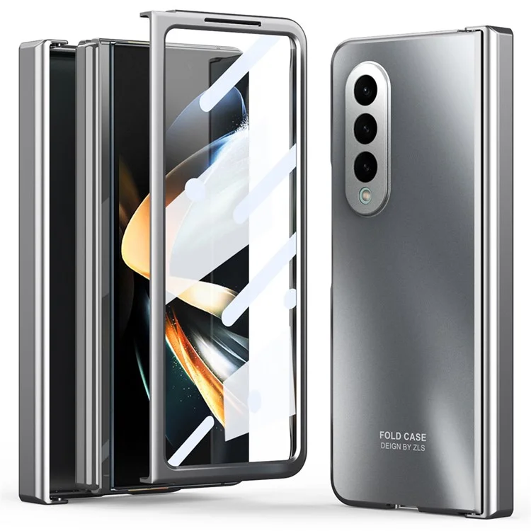For Samsung Galaxy Z Fold3 5G Hinge Protection Slim Case Hard PC Protective Phone Cover with Built-in Screen Protector - Silver