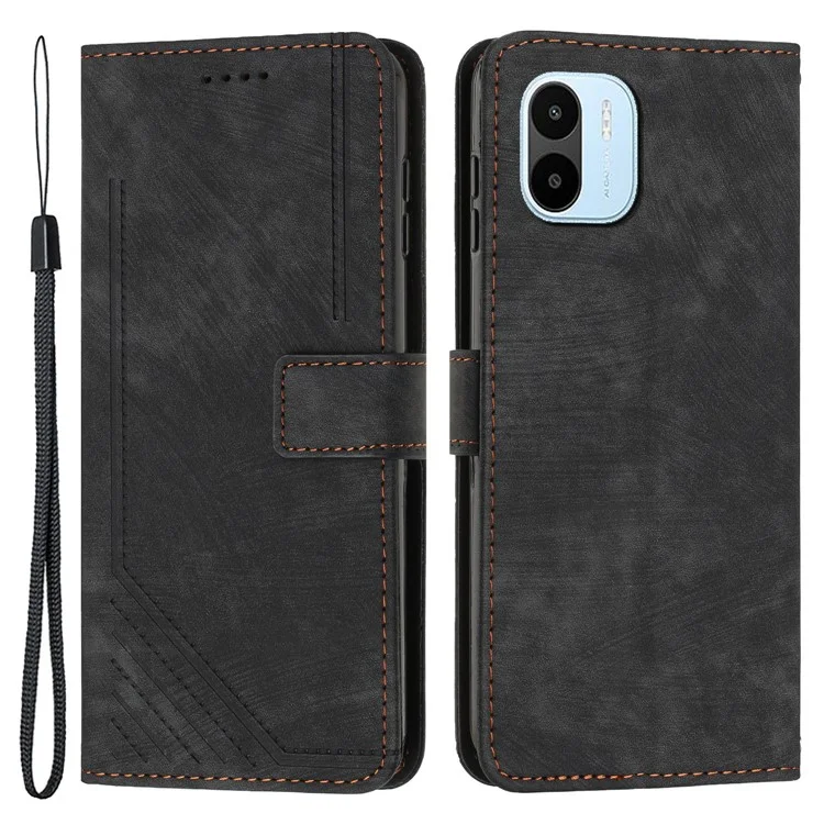 Для Xiaomi Redmi A1 4G / A2 4G Skin-touch Leather Phone Case Lines Imprinted Stand Phone Wallet Cover - Black
