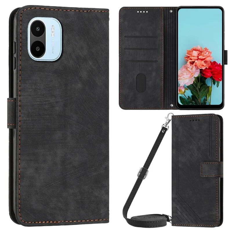 For Xiaomi Redmi A1 4G / A2 4G PU Leather Wallet Case Lines Imprinted Magnetic Closure Stand Phone Cover - Black