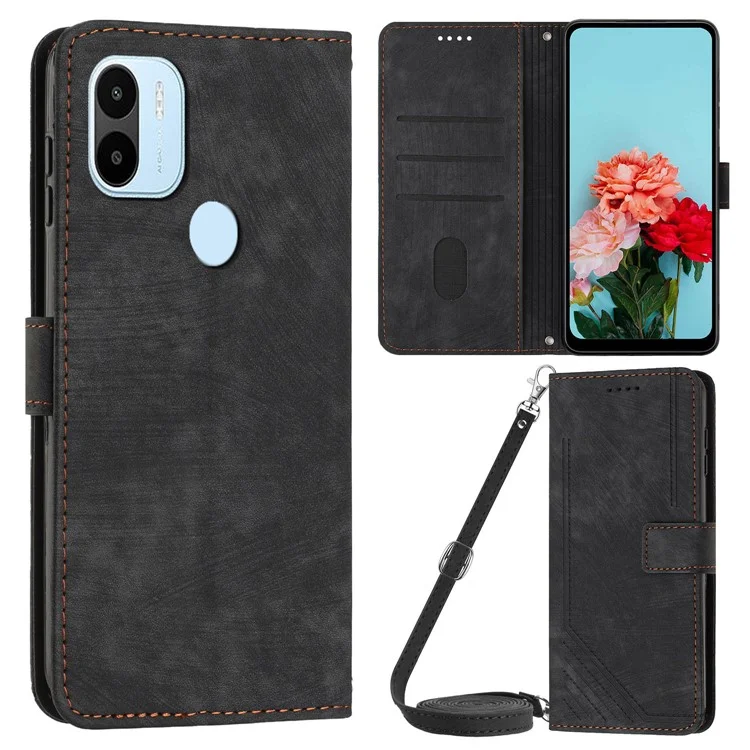 Étui portefeuille pour téléphone pour Xiaomi Redmi A1+ 4G / A2+ 4G / Poco C50 4G, étui de livre à rabat en simili-cuir avec lignes imprimées - Noir