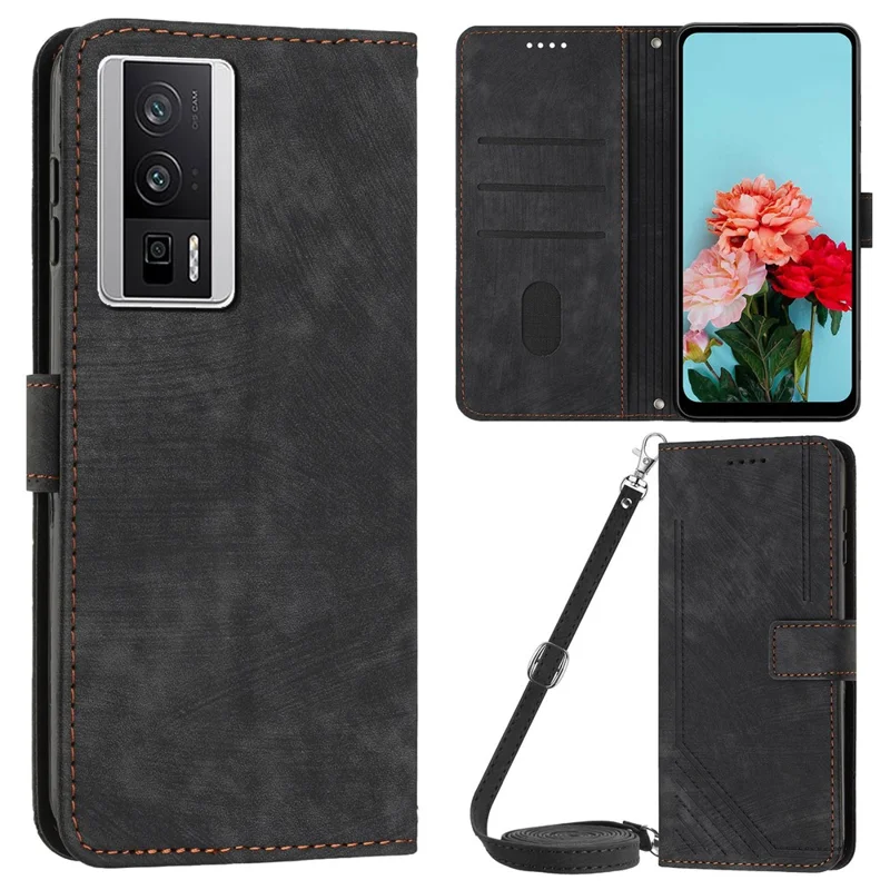For Xiaomi Poco F5 Pro 5G / Redmi K60 Pro 5G / K60 5G Leather Phone Case Lines Imprinted Stand Phone Wallet Cover - Black