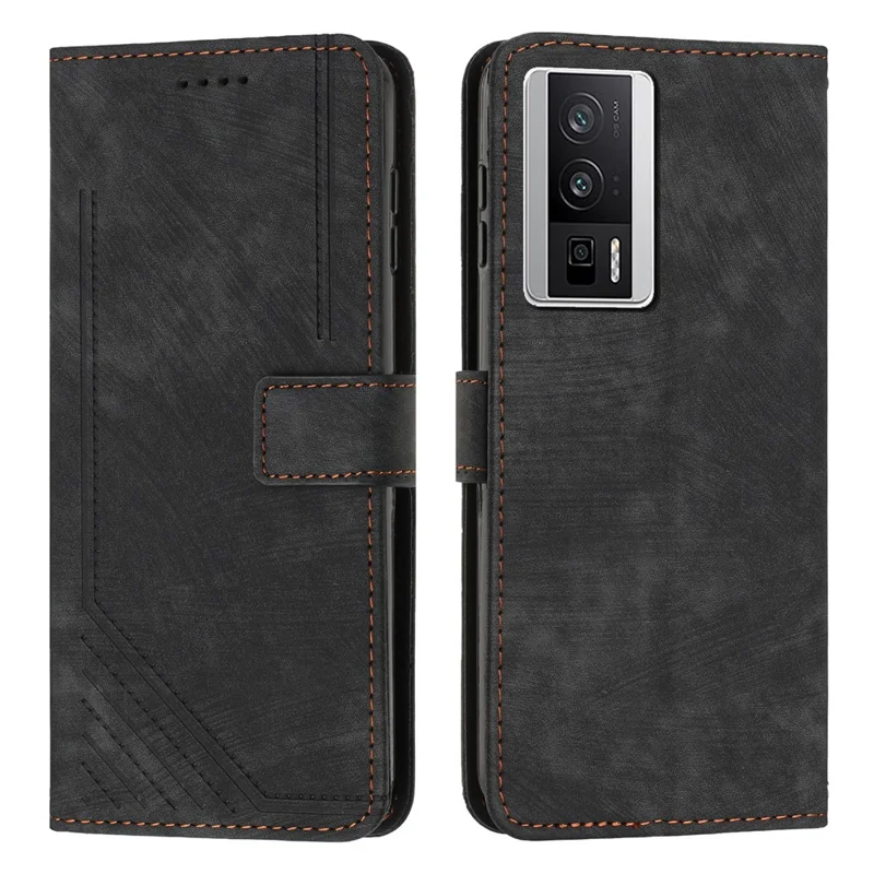 For Xiaomi Poco F5 Pro 5G / Redmi K60 Pro 5G / K60 5G Leather Phone Case Lines Imprinted Stand Phone Wallet Cover - Black