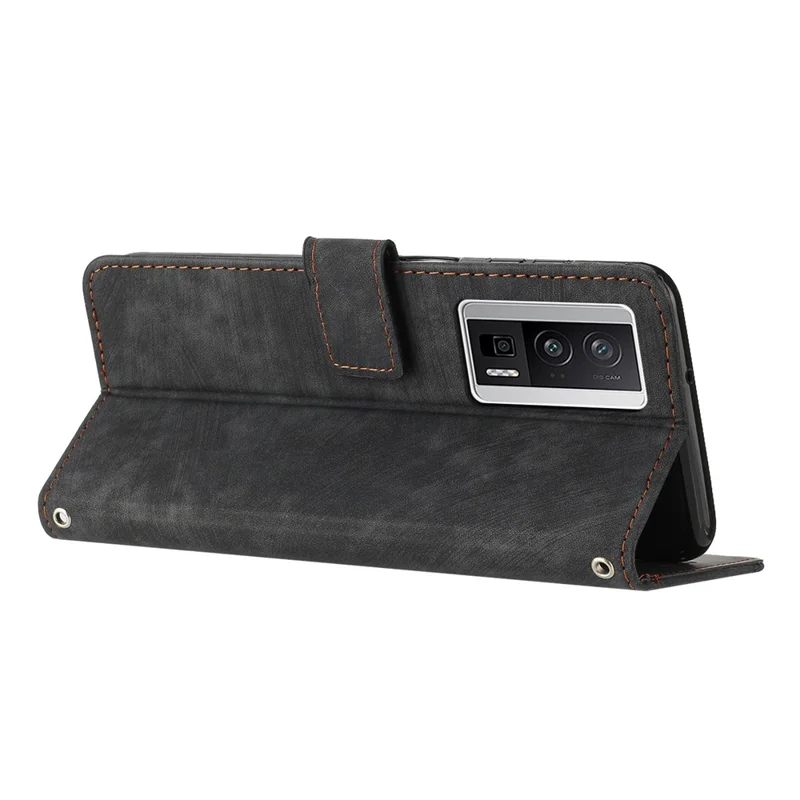 For Xiaomi Poco F5 Pro 5G / Redmi K60 Pro 5G / K60 5G Leather Phone Case Lines Imprinted Stand Phone Wallet Cover - Black