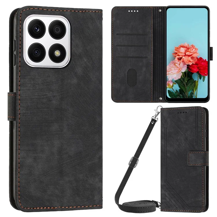 Чехол-книжка для телефона For Honor X8a 4G из искусственной кожи с тиснёным узором, с двумя ремешками - чёрный