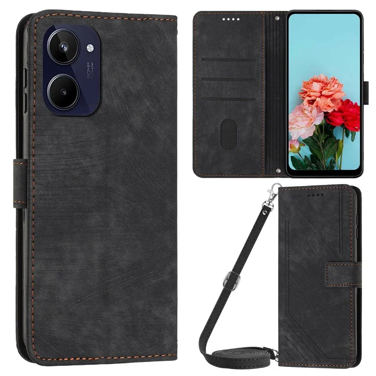 Para Realme 10 4G Flip Folio Wallet Cover PU Leather Lines Imprinted Stand Protective Phone Case - Preto