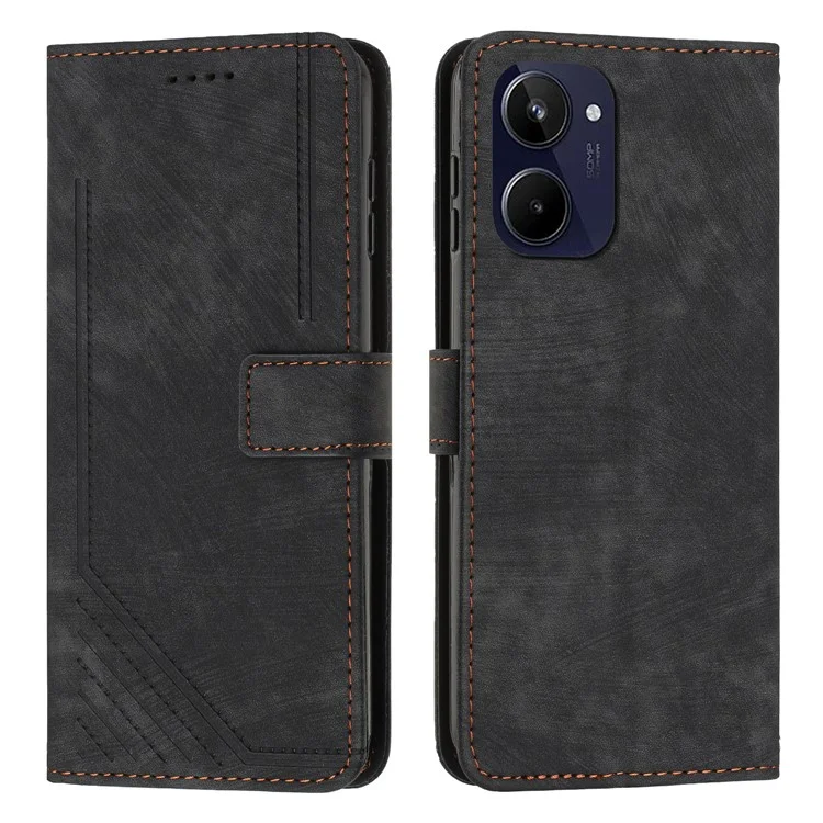 Para Realme 10 4G Flip Folio Wallet Cover PU Leather Lines Imprinted Stand Protective Phone Case - Preto