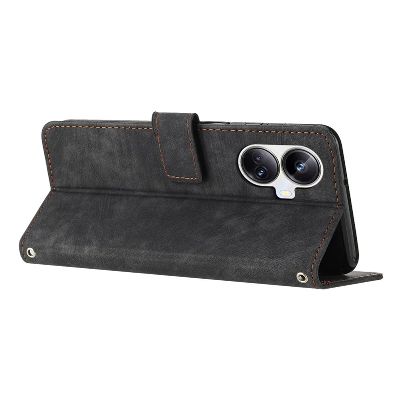 For Realme 10 Pro+ 5G PU Leather Protective Cover Lines Imprinted Stand Magnetic Folio Phone Case - Black