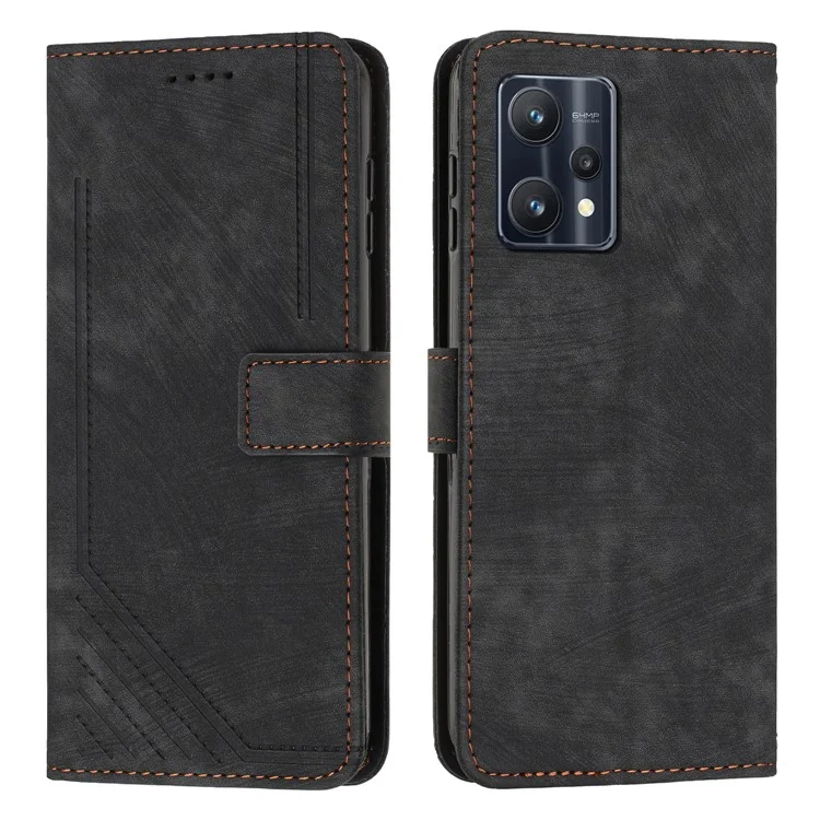 Para Realme 9 Pro 5G / 9 5G / V25 / OnePlus Nord CE 2 Lite 5G Funda de Teléfono Cuero Líneas Estampadas Cartera Soporte con Correas - Negro