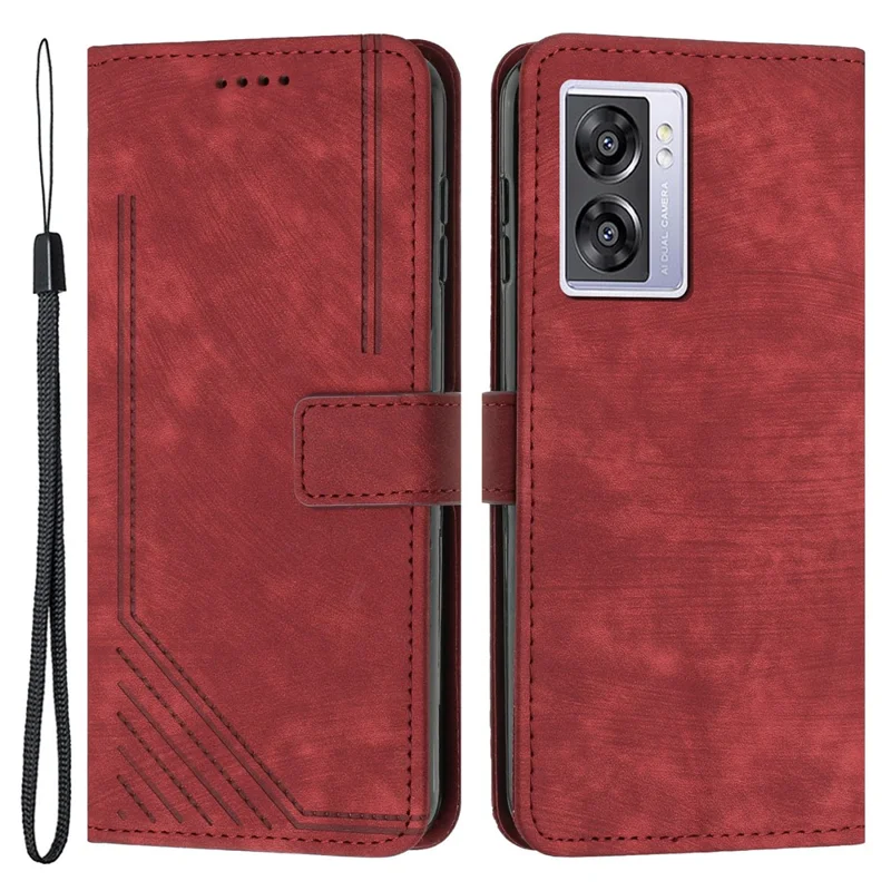 Leather Case for Oppo A57 (2022) 5G / 4G / A77 5G / Realme V23 5G Wallet Stand Phone Shell Lines Imprint Cover - Red