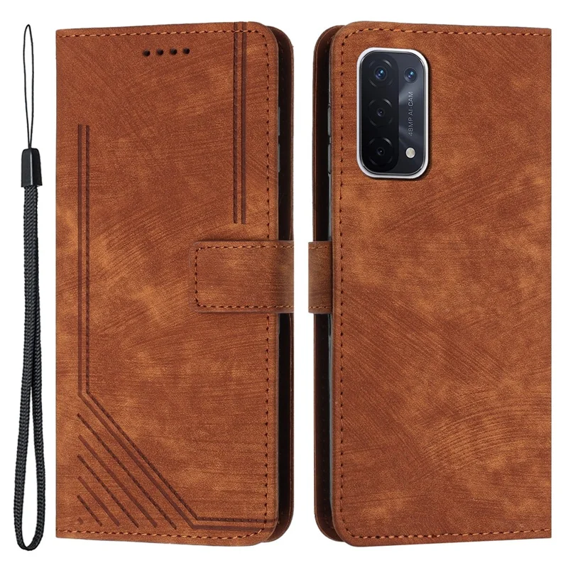 Phone Case for Oppo A74 5G / A93 5G / A54 5G Leather Wallet Stand Lines Imprint Cover - Brown