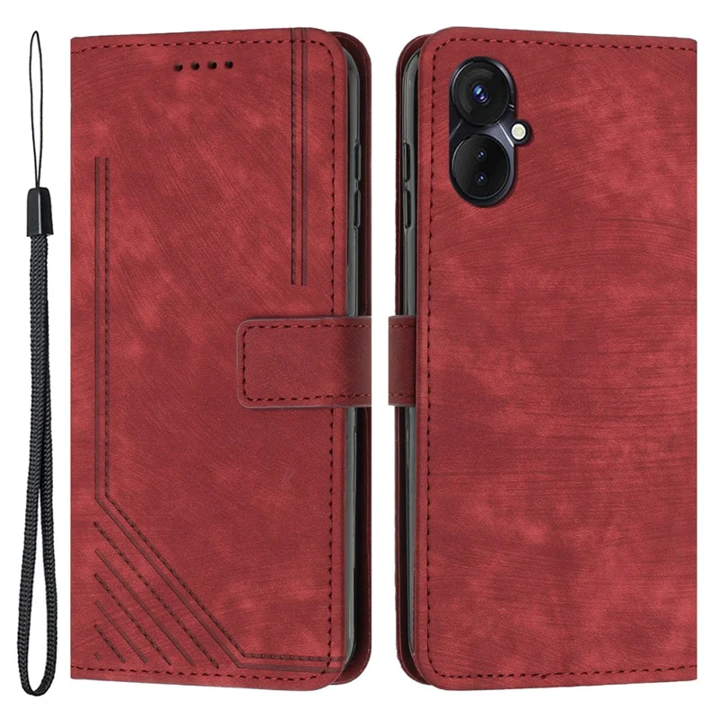 For TECNO Spark 9 Pro 4G PU Leather Wallet Lines Imprint Phone Shell Skin-Touch Flip Stand Smartphone Case - Red