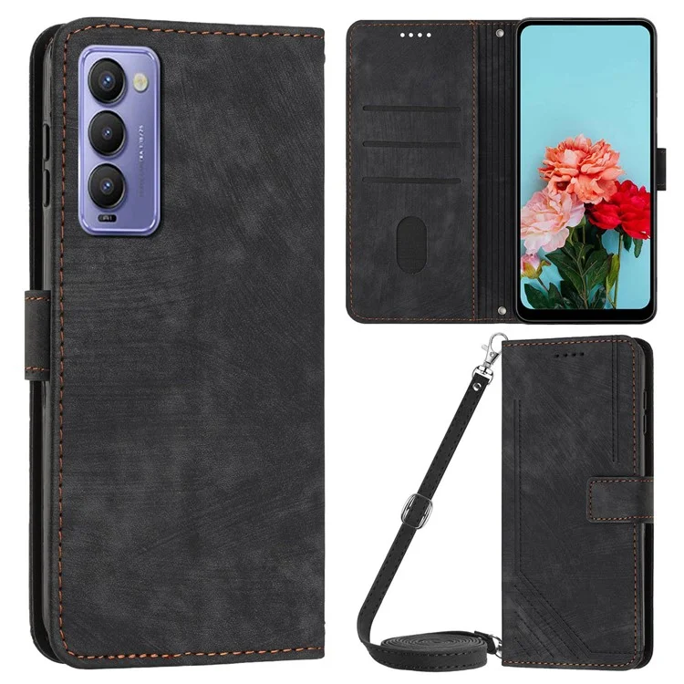 For TECNO Camon 18 / 18 P Phone Wallet Stand Case PU Leather Plines Imprinted Cover with Straps - Black