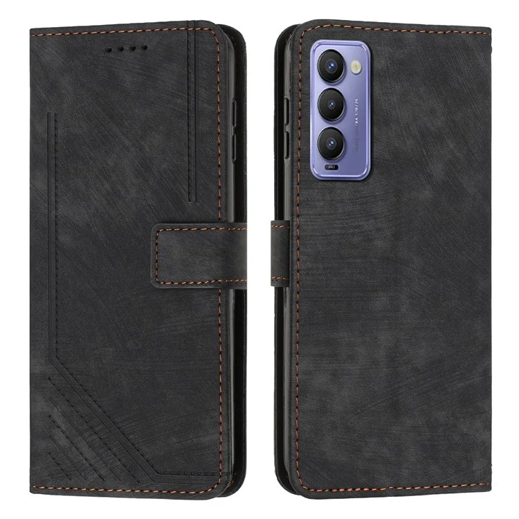 For TECNO Camon 18 / 18 P Phone Wallet Stand Case PU Leather Plines Imprinted Cover with Straps - Black