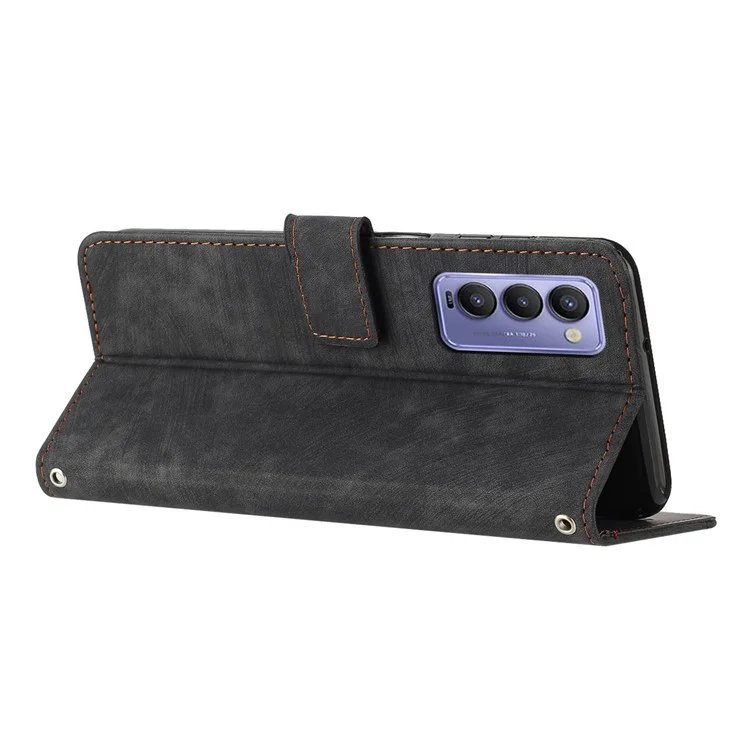 For TECNO Camon 18 / 18 P Phone Wallet Stand Case PU Leather Plines Imprinted Cover with Straps - Black