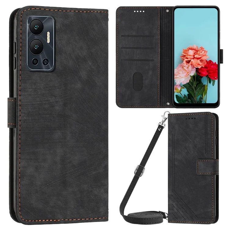 Pour Infinix Hot 12 4G Stand PU Leather Phone Wallet Case Lines Imprinted Phone Cover with Straps - Black