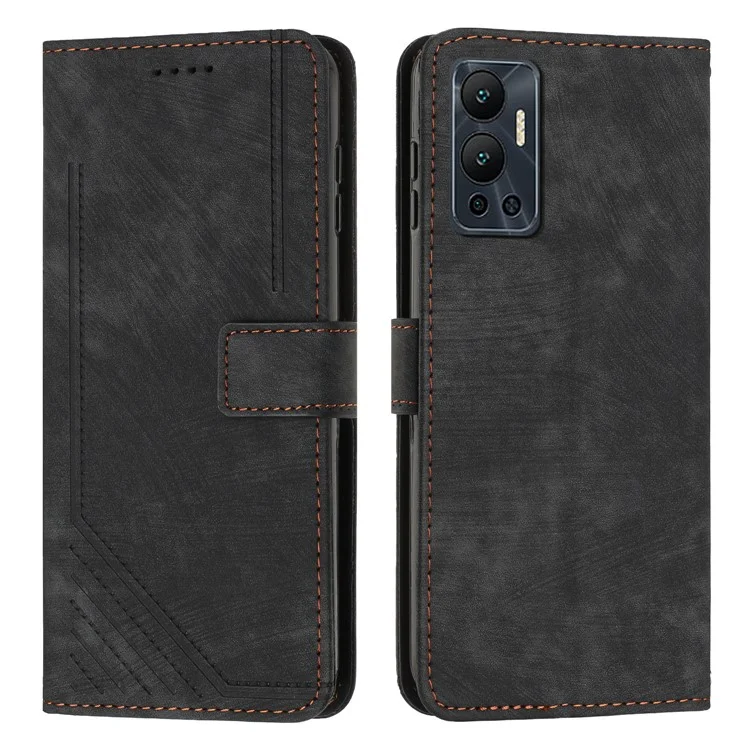 Pour Infinix Hot 12 4G Stand PU Leather Phone Wallet Case Lines Imprinted Phone Cover with Straps - Black