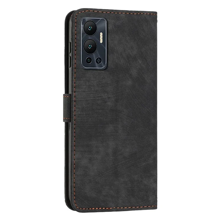 Pour Infinix Hot 12 4G Stand PU Leather Phone Wallet Case Lines Imprinted Phone Cover with Straps - Black