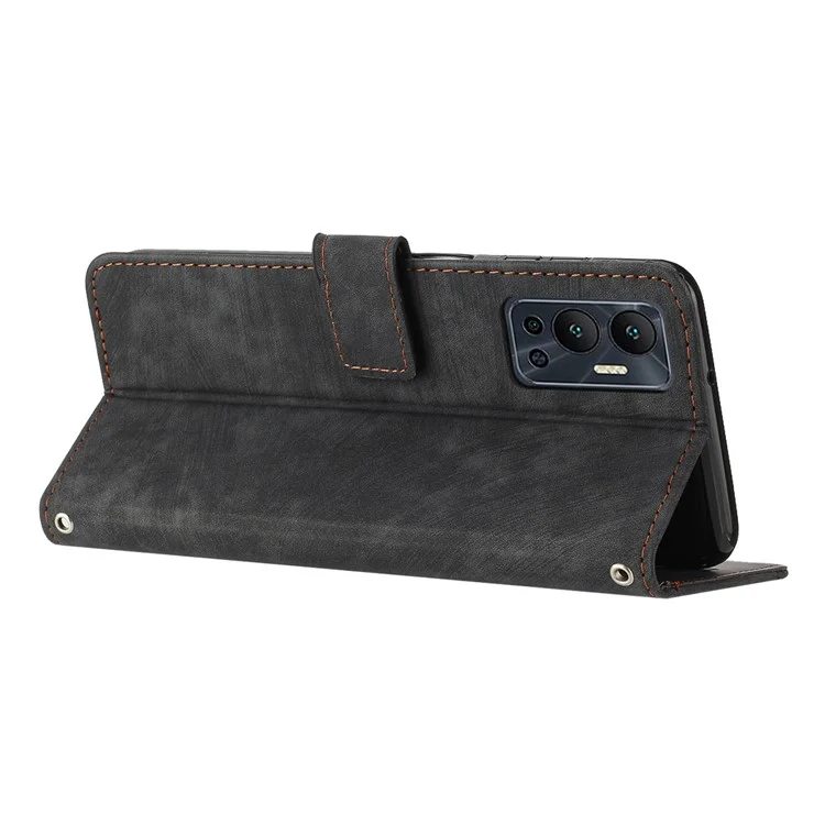 Pour Infinix Hot 12 4G Stand PU Leather Phone Wallet Case Lines Imprinted Phone Cover with Straps - Black