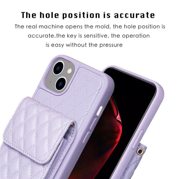 BF22-Style Vertical Card Holder Phone Case for iPhone 14 / 13 , Dustproof PU Leather+TPU Phone Cover with Strap - Purple