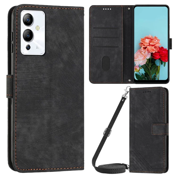 Pour Infinix Note 12i Anti-Fingerprint PU Leather Wallet Phone Stand Case Lines Imprinted Cover with Straps - Noir