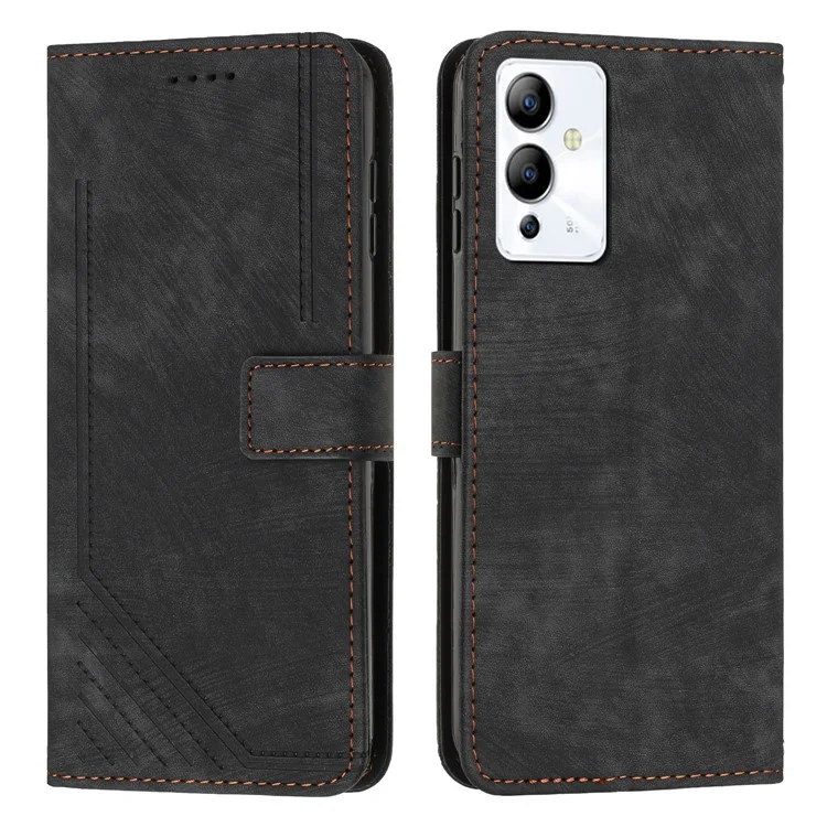 Pour Infinix Note 12i Anti-Fingerprint PU Leather Wallet Phone Stand Case Lines Imprinted Cover with Straps - Noir