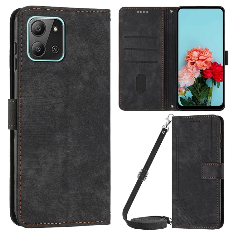 Para Infinix Hot 11 2022 4G Flip PU Funda de Piel Cuero Líneas Impresas Soporte Cartera Funda Teléfono - Negro