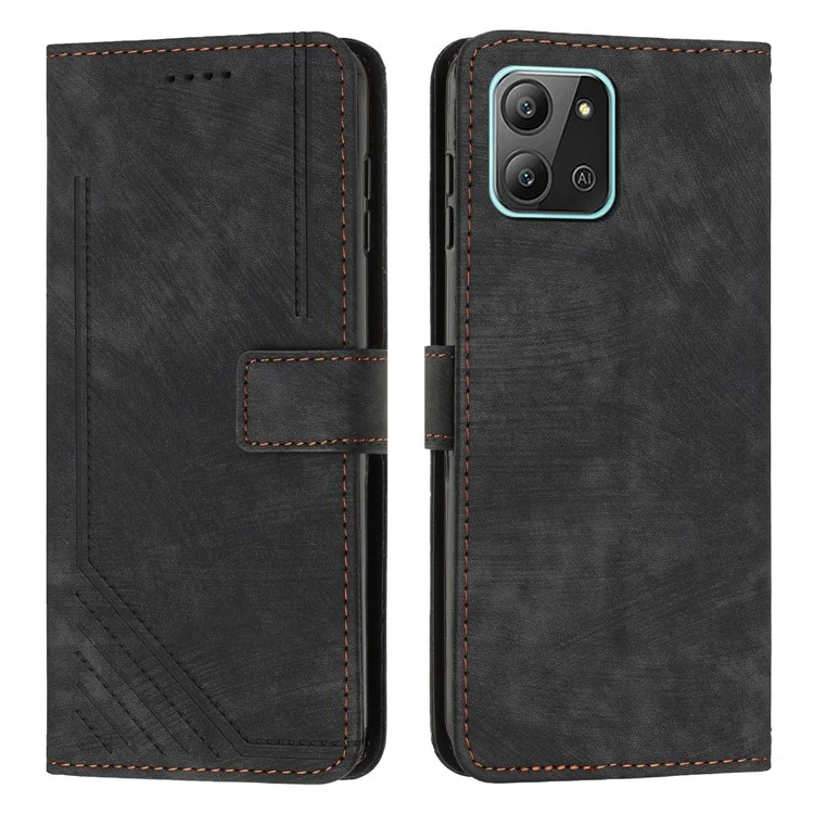 Para Infinix Hot 11 2022 4G Flip PU Funda de Piel Cuero Líneas Impresas Soporte Cartera Funda Teléfono - Negro